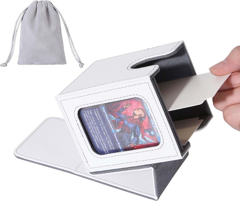 AFIING MTG Deck Box for Commander Display, Fits 100 Double Sleeved Cards, Magic Commander TCG Card Storage Box with 2 Dividers, Drawstring Bag and 1 Toploader (White/Grey) - Image 1